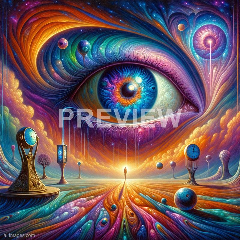 The image depicts a surreal, cosmic scene with a large, vividly detailed eye at its center, surrounded by swirling, colorful nebulae and celestial bodies. Below the eye, a lone human figure stands on a vibrant, flowing landscape that appears to be made of swirling, ribbon-like patterns, with multiple clocks and floating orbs scattered across the scene. The entire composition is infused with a psychedelic, dreamlike quality, emphasizing the vastness and mystery of the universe.